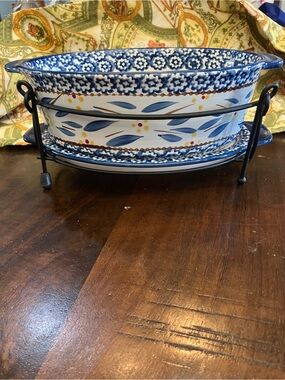 Temp-Tations Blue, White and Yellow Oval Ceramic Baker with Black Stand